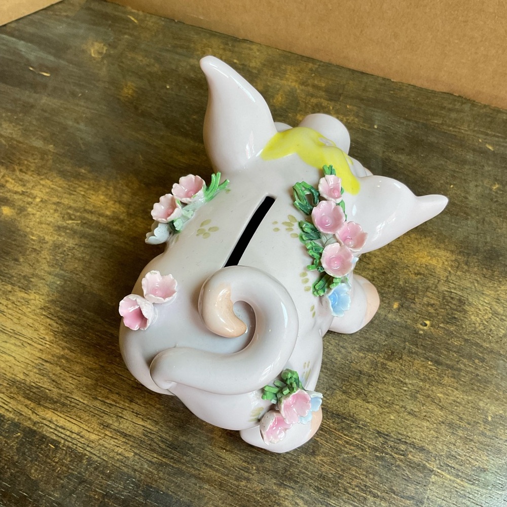 Vintage Lefton China Piggy Bank Pink Pig w/ Applied Flowers Hand Painted Japan - Picture 5 of 10